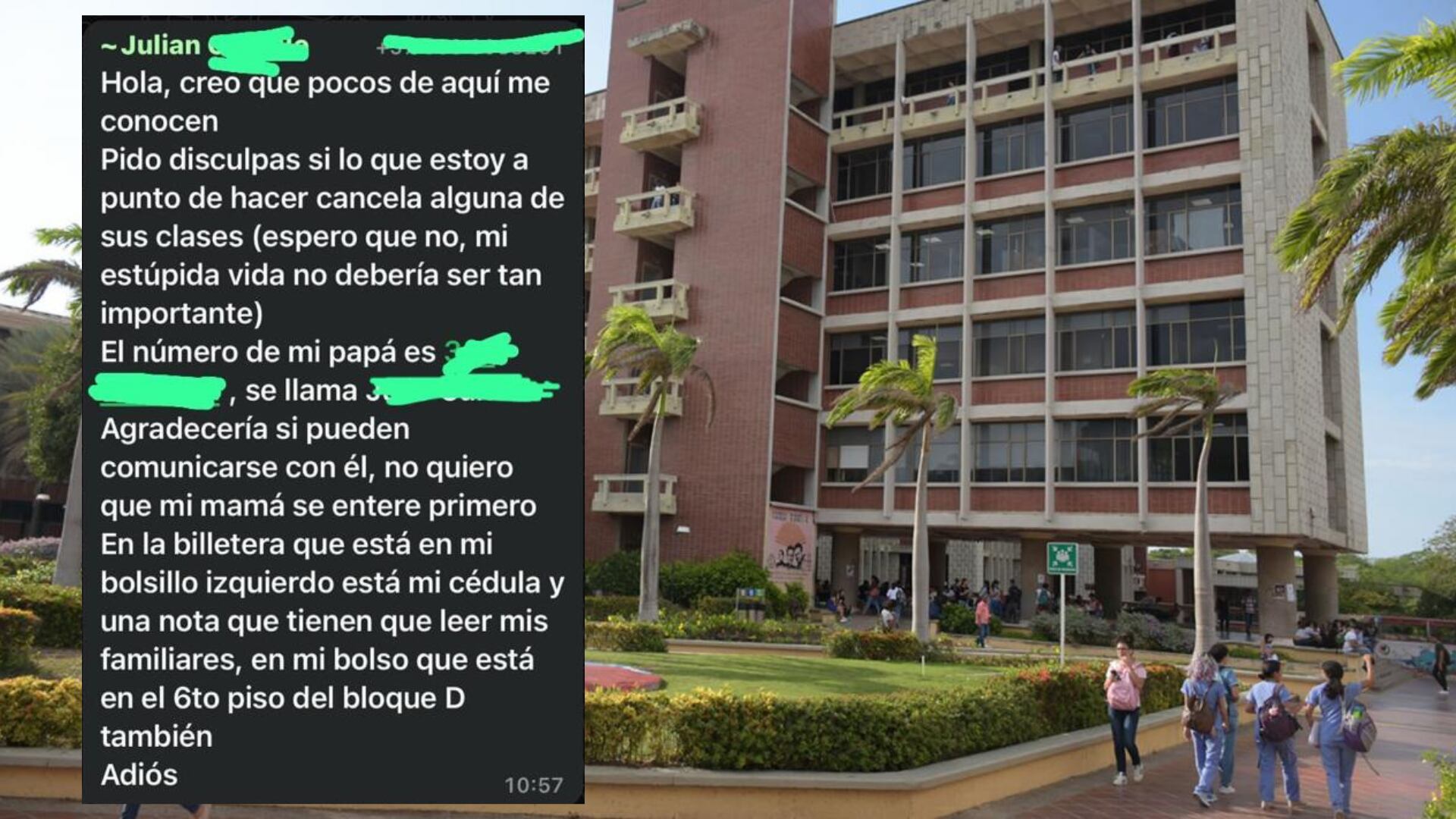 Julián Cantillo, quien minutos antes se había despedido en un grupo de Whatsapp, cayó desde el sexto piso de la Universidad del Atlántico - crédito montaje Infobae (Universidad del Atlántico y redes sociales)