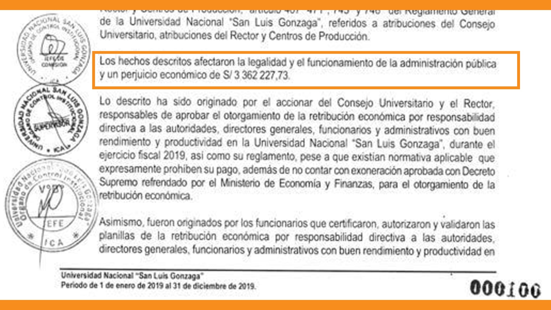 La Contraloría General de la República citó como caso emblemático un informe en el que se reporta un perjuicio económico de 3.3 millones de soles por pagos irregulares de retribución económica a funcionarios de la Universidad San Luis Gonzaga. (Foto: Captura/ Contraloría General de la República)