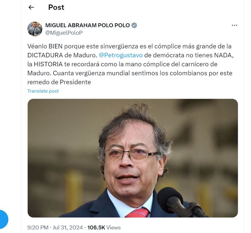 Miguel Polo Polo se fue en contra del presidente Petro - crédito @MiguelPoloP