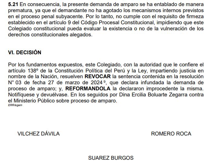 Jueces de la Segunda Sala Constitucional señalan que demanda de amparo de Dina Boluarte es 'prematura' y la declaran improcedente. Infobae Perú.