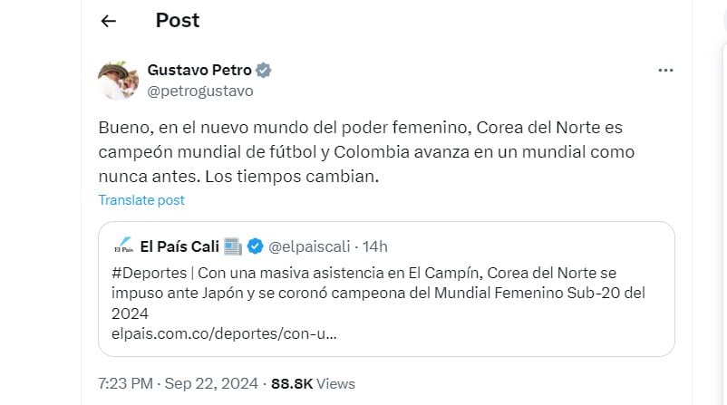 Gustavo Petro destaca el recorrido de la selección Colombia en el mundial femenino - crédito @petrogustavo