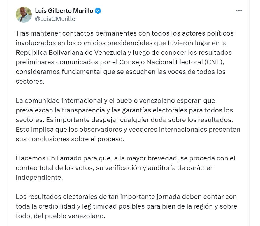 Canciller Luis Gilberto Murillo se pronuncia sobre resultados en Venezuela - crédito @LuisGMurillo/X