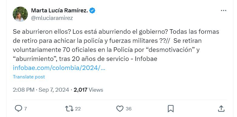 La exvicepresidenta Martha Lucía Ramírez ha cuestionado la medida, sugiriendo que el Gobierno de Gustavo Petro podría estar influyendo en esta reducción de efectivos - crédito @mluciaramirez/X