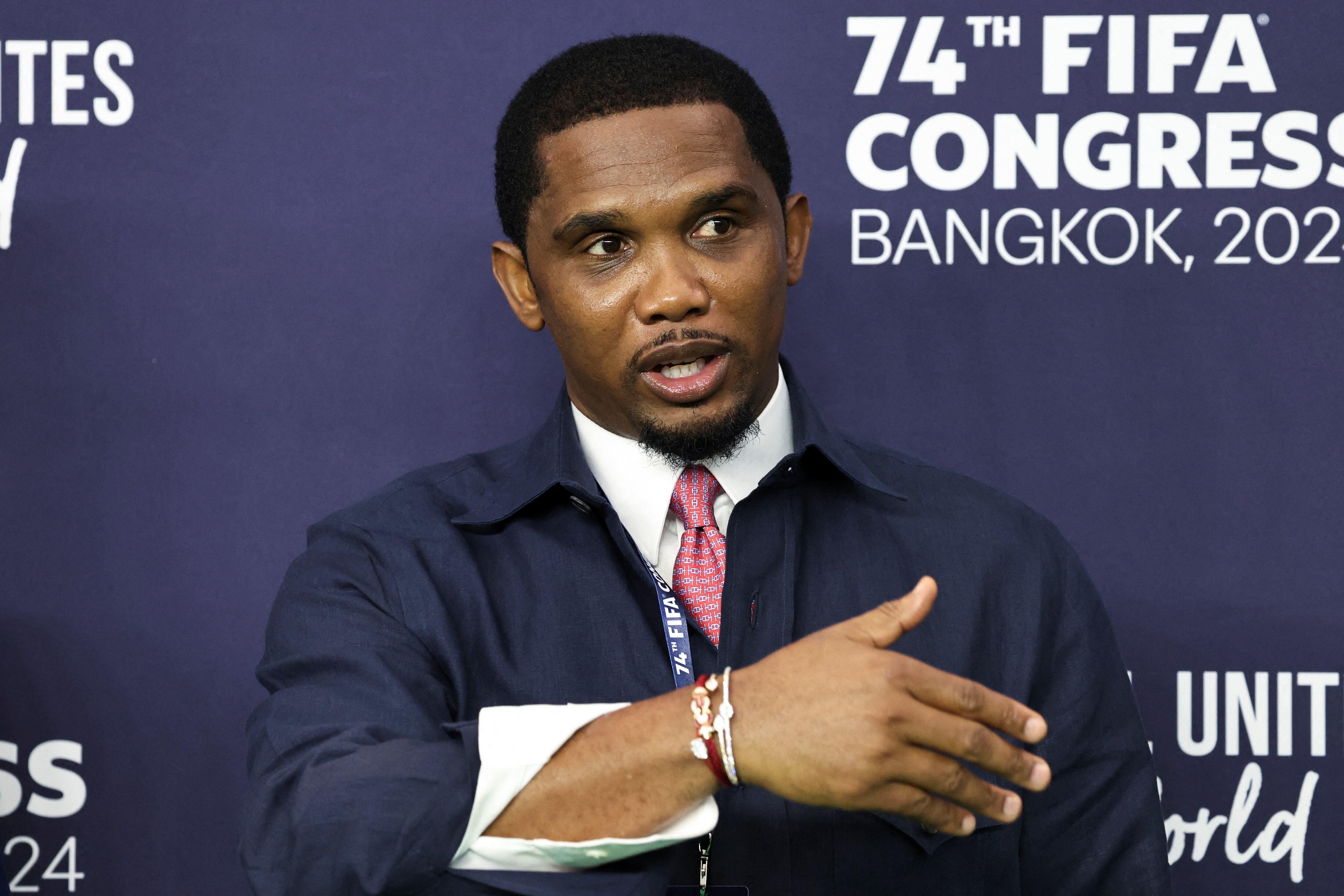 President of the Cameroonian Football Federation and former professional footballer Samuel Eto'o speaks on the day of the 74th FIFA Congress at the Queen Sirikit National Convention Center, in Bangkok, Thailand, May 17, 2024. REUTERS/Athit Perawongmetha,