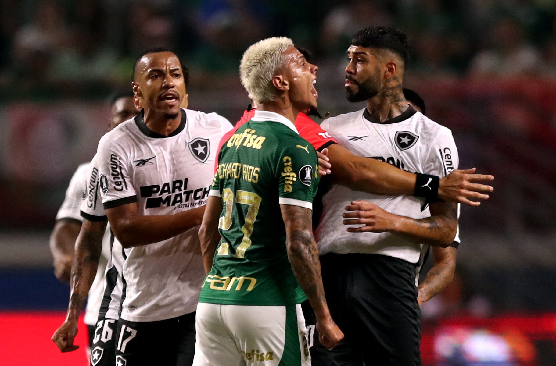 Richard Ríos y Alexander Barboza después de la patada del colombiano a Thiago Almada durante Palmeiras vs. Botafogo - crédito Carla Carniel / REUTERS