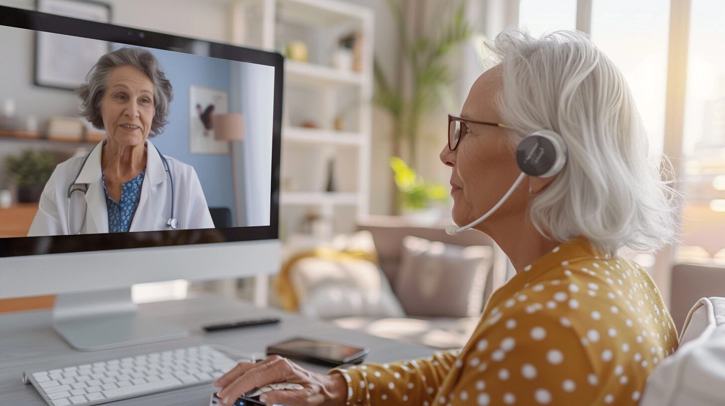 Abuela utilizando su computadora para una videollamada médica, mostrando la integración de la tecnología en el cuidado de la salud para la tercera edad. La consulta virtual con su médico refleja un paso adelante en el acceso a la medicina, asegurando su bienestar desde la comodidad de su hogar. (Imagen ilustrativa Infobae)