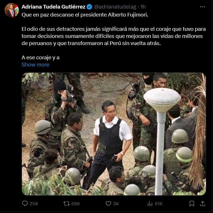 Adriana Tudela sobre la muerte de Alberto Fujimori. (Fuente: X / @adrianatudelag)