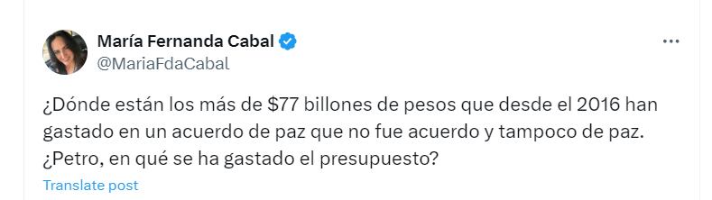 María Fernanda Cabal cuestionó a Petro por decir que el acuerdo de paz está “hecho trizas” - crédito @MariaFdaCabal/X