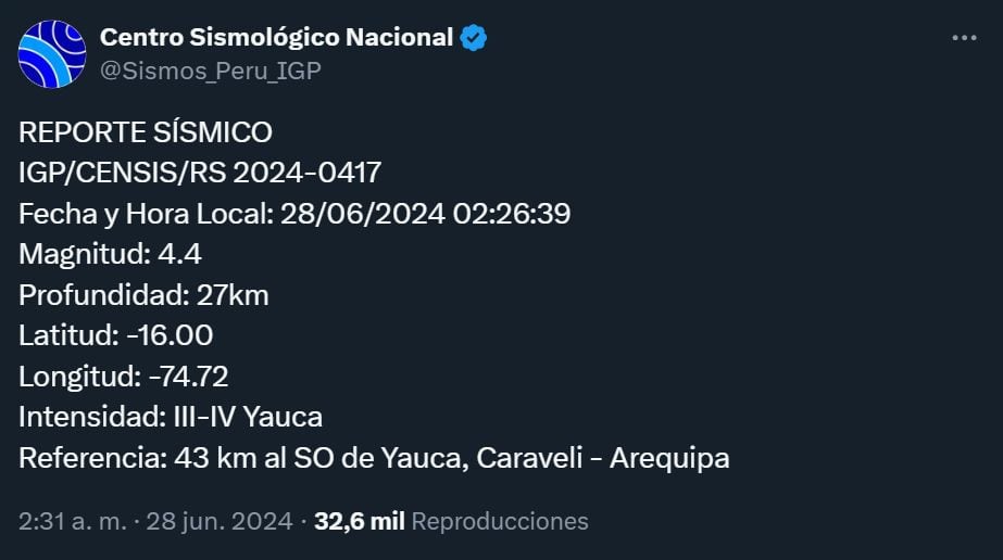 Reporte del Instituto Geofísico del Perú sobre las réplicas tras el fuerte sismo en Arequipa