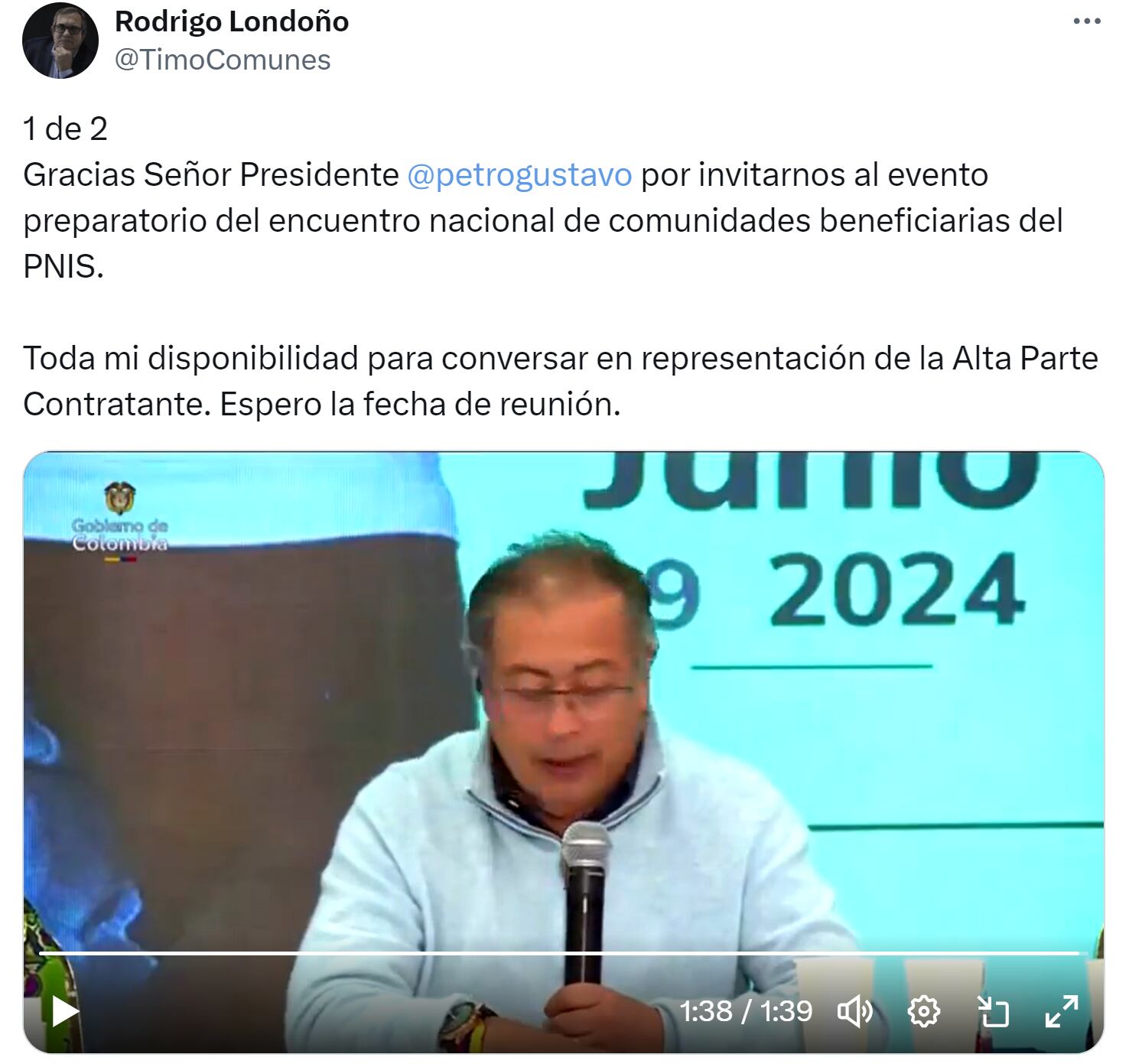 El líder de Comunes, Rodrigo Londoño, aceptó reunirse con el presidente Petro para evaluar el Acuerdo de Paz