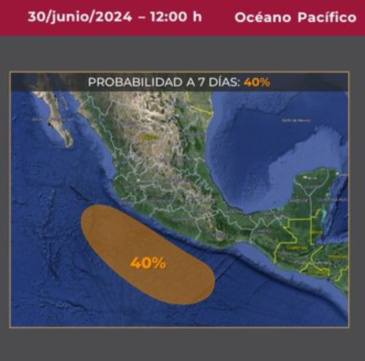 Zona de baja presión en el Océano Pacífico con 40% de probabilidad de convertirse en ciclón en la primera semana de junio