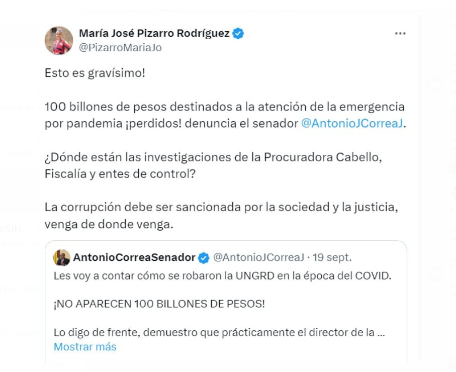 La senadora opinó sobre la denuncia de Antonio Correa sobre malversación de fondos durante el covid-19 - crédito @PizarroMariaJo/X