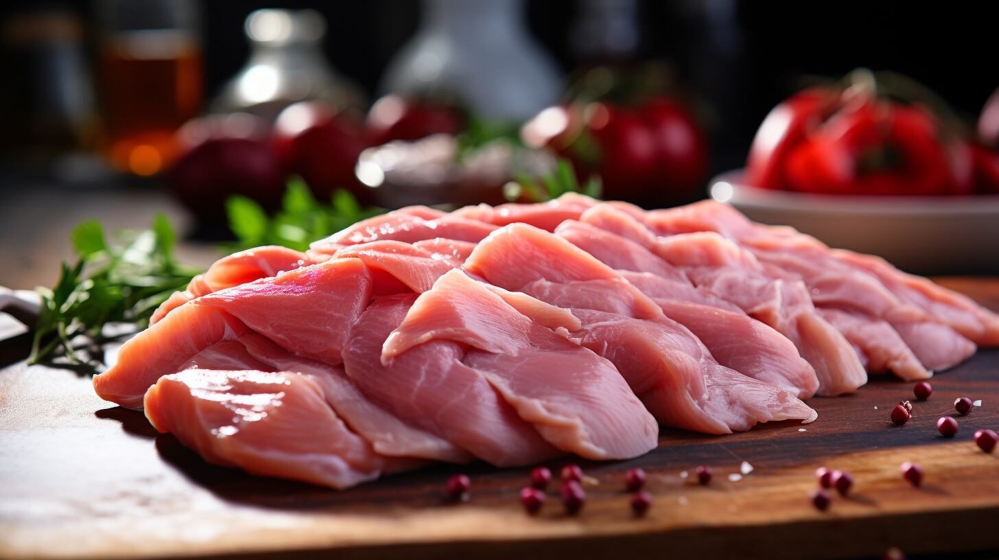 Imagen detallada de pollo crudo situado en una tabla de cortar de madera, enfatizando su papel como ingrediente fundamental en la cocina y su contribución a una alimentación rica en proteínas. El enfoque en la carne cruda resalta la preparación inicial antes de cocinar, esencial para platos nutritivos y saludables. (Imagen ilustrativa Infobae)