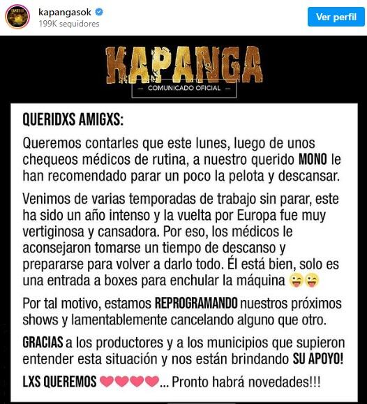 El comunicado de Kapanga sobre la salud de El Mono (Instagram)