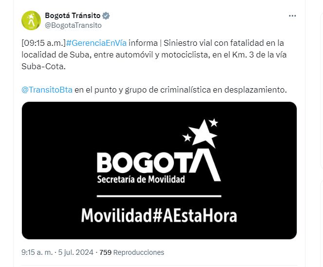 Las unidades de criminalística se dirigen al punto - crédito @BogotaTransito/X