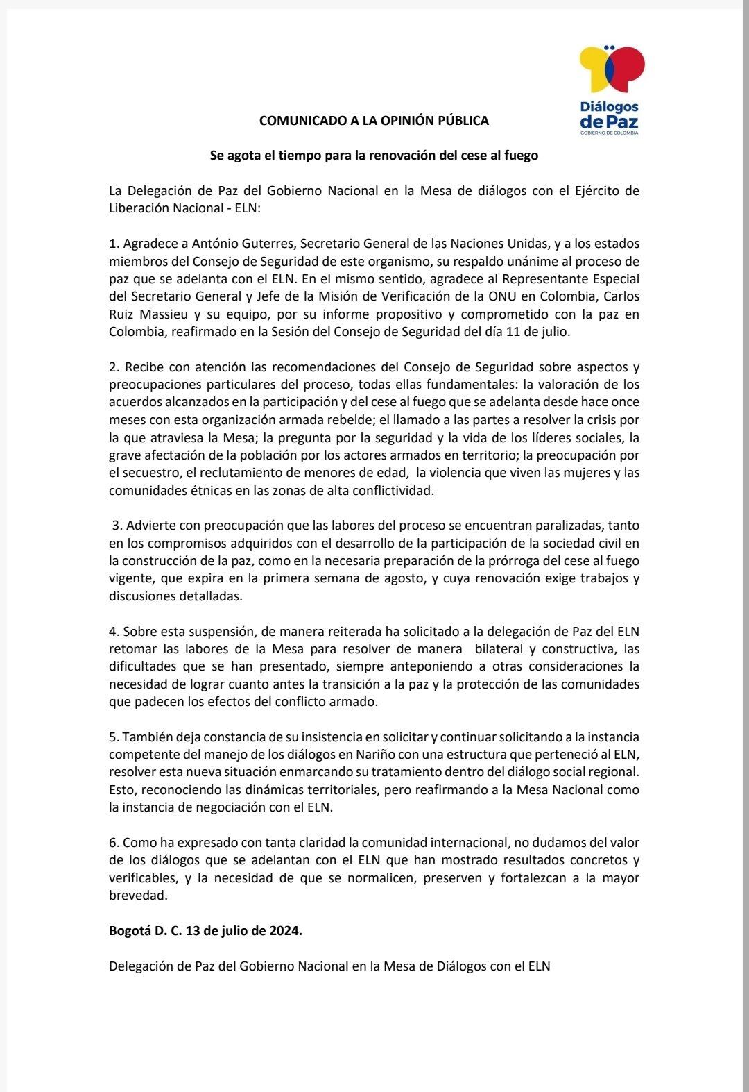 Comunicado de la Delegación de Paz del Gobierno sobre el vencimiento del cese al fuego con el ELN - crédito Delegación de Paz con el ELN