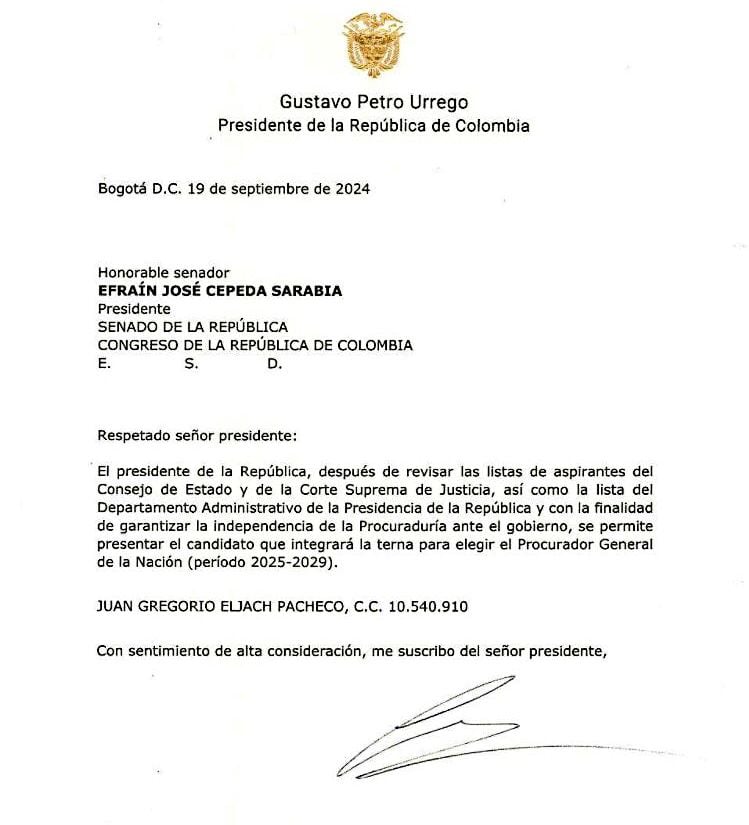 Carta con la que Gustavo Petro confirmó elección de Gregorio Eljach como ternado a Procurador