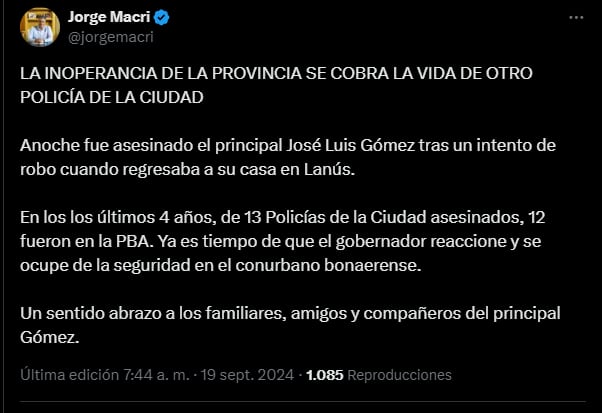 El mensaje de Jorge Macri en X tras el crimen del policía Gómez