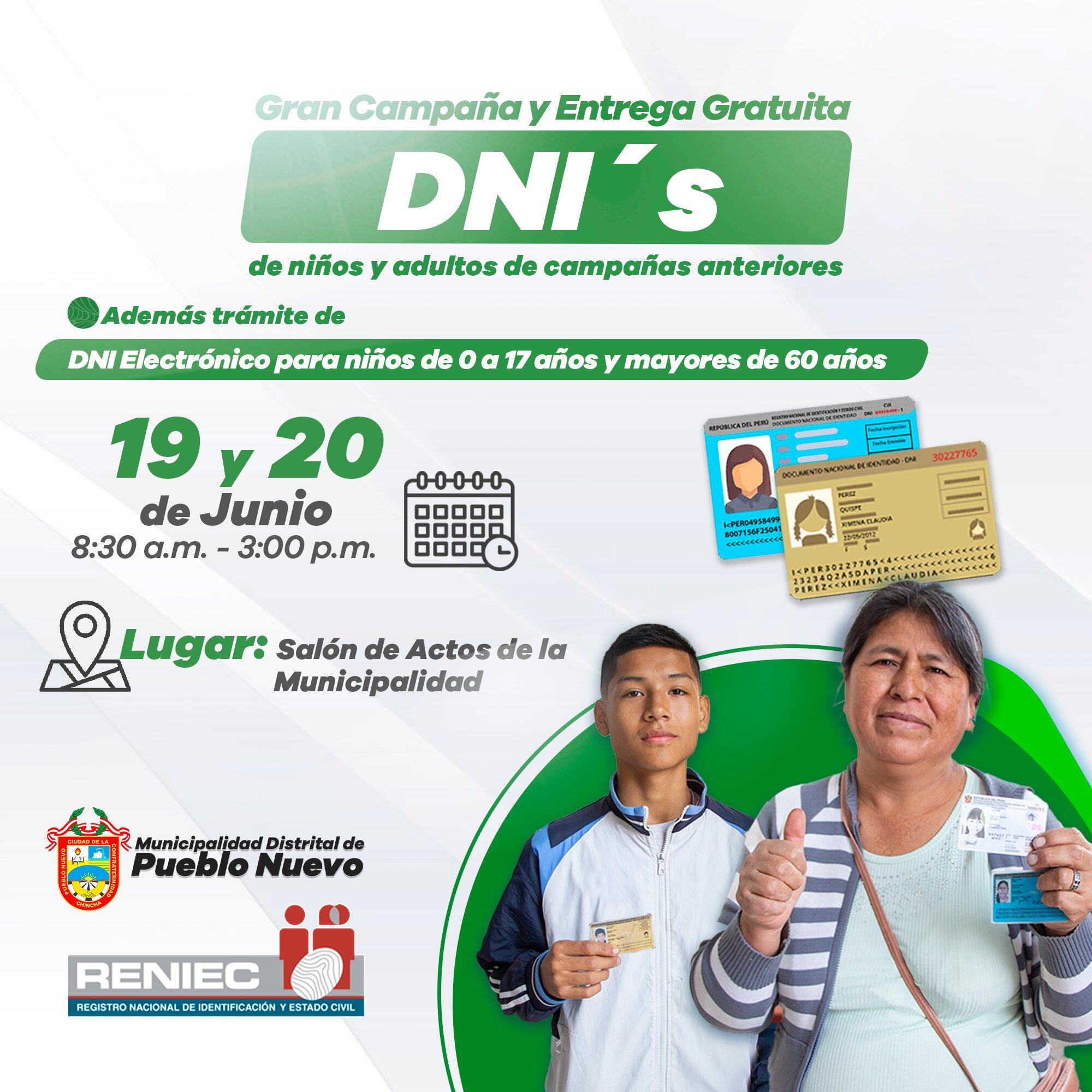 En la localidad de Chincha, se llevará a cabo una nueva campaña de DNI electrónico gratuito y, además, entregará los documentos listos a los que ya tramitaron.