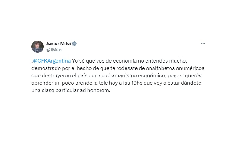 El tuit de Javier Milei en respuesta a CFK