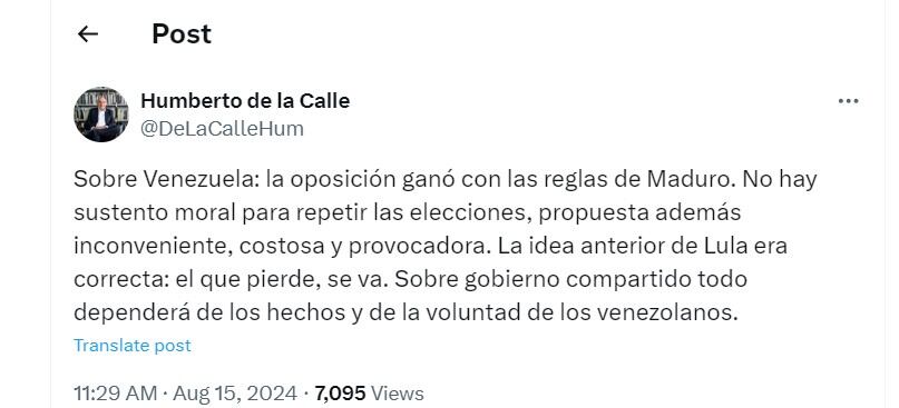 Humberto de la Calle habla sobre la posibilidad de repetir elecciones en Venezuela - crédito @DeLaCalleHum