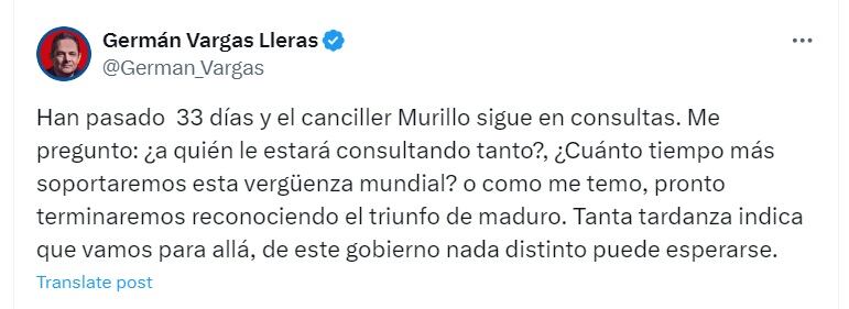 El líder político no descarta que el silencio del Gobierno Petro derivaría en un posible reconocimiento de la elección de Maduro como presidente de Venezuela - crédito @German_Vargas