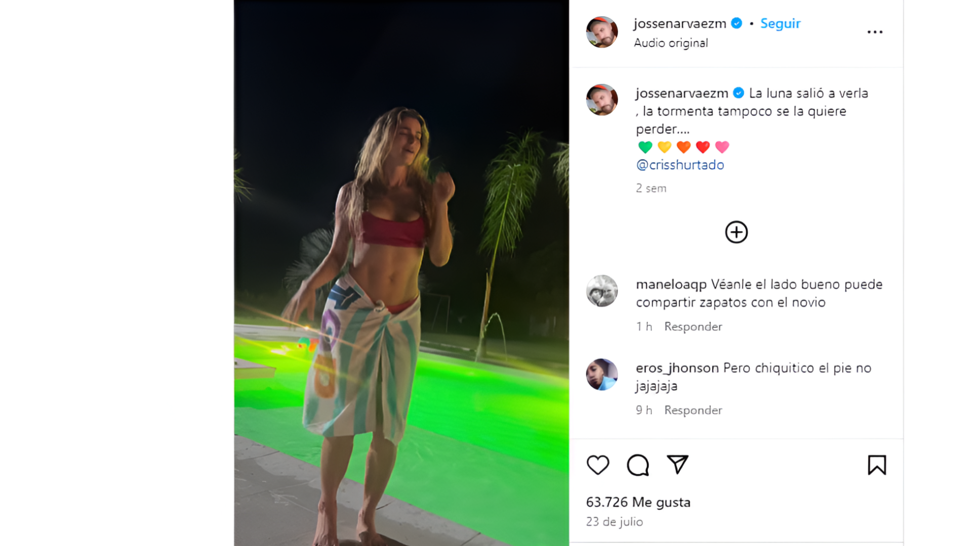 La publicación de su esposo Jossé Narváez elogiando a la presentadora por su belleza y estilo al bailar - crédito @jossenarvaezm/Instagram