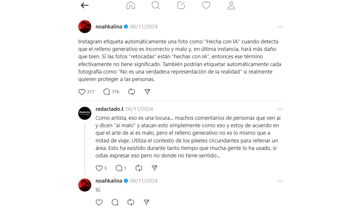 Fotógrafos señalan que una imagen editada con IA no debería siempre etiquetada por Instagram. (Threads: noahkalina)