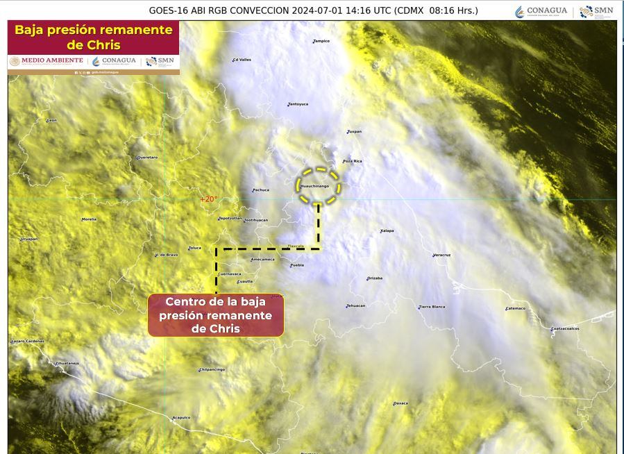 Mapa con la ubicación del centro de la baja presión remanente de Chris