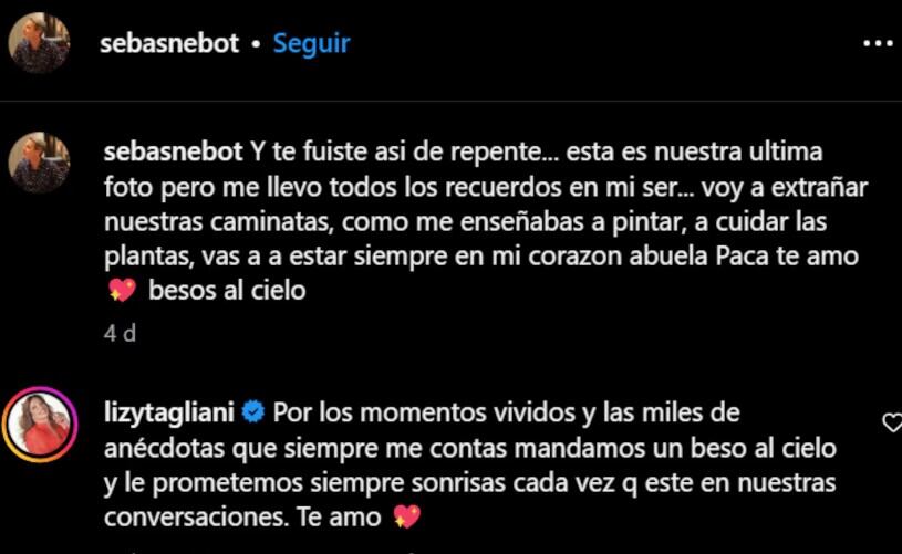 El emotivo posteo de Sebastián Nebot y Lizy Tagliani por el fallecimiento de la abuela Paca (Instagram)