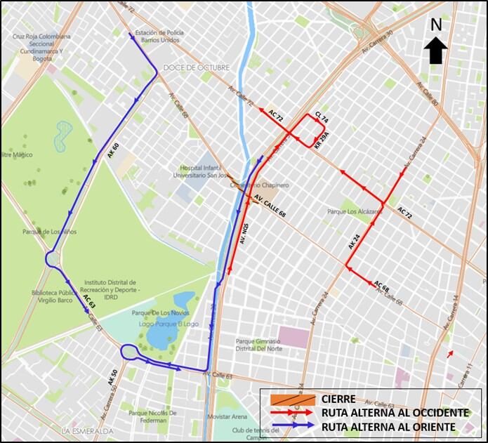 Cierre en el puente de la avenida calle 68 en la intersección con la avenida NQS o carrera 30. (Crédito: Secretaría de Movilidad)