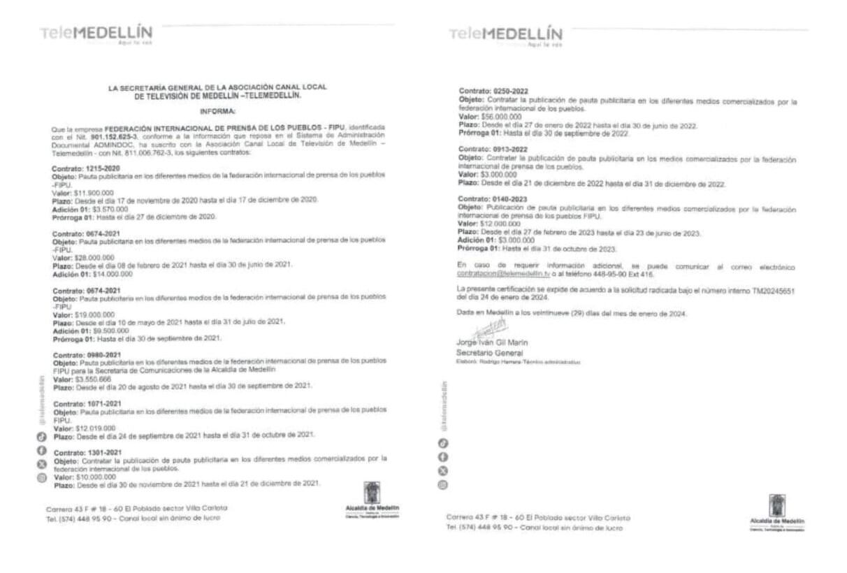 Contrato establecido por la sociedad creada por el representante Alejandro Toro y Juan Pablo Morris - crédito Telemedellín