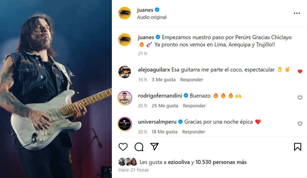 Juanes comparte su experiencia en su gira por Perú en sus redes sociales. Instagram.