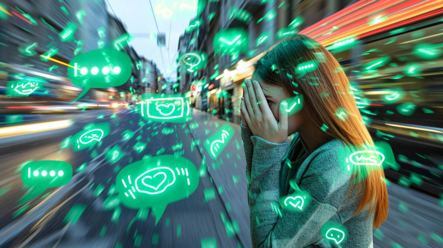 Mujer rodeada y opacada por una abrumadora cantidad de globos de chat verdes, evocando la sensación de estar sobrecargada por las notificaciones y mensajes constantes. La fotografía ilustra el estrés y la ansiedad que pueden surgir del uso excesivo de la tecnología y la comunicación digital en la vida cotidiana y laboral. (Imagen ilustrativa Infobae)