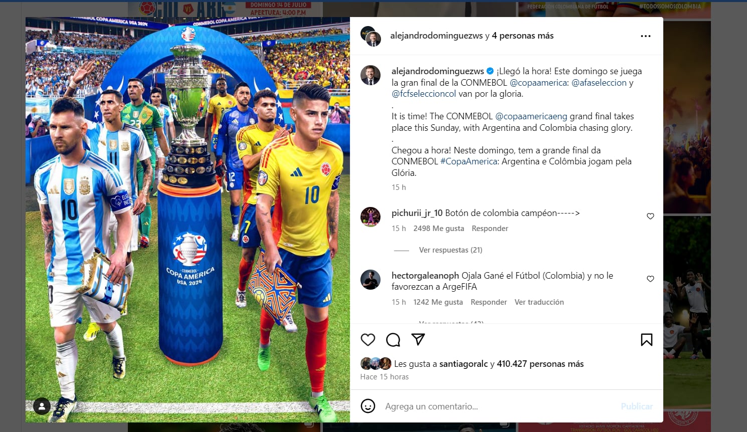 Mensaje de Alejandro Domínguez previo a la final entre Colombia vs. Argentina - crédito Alejandro Domínguez / Instagram