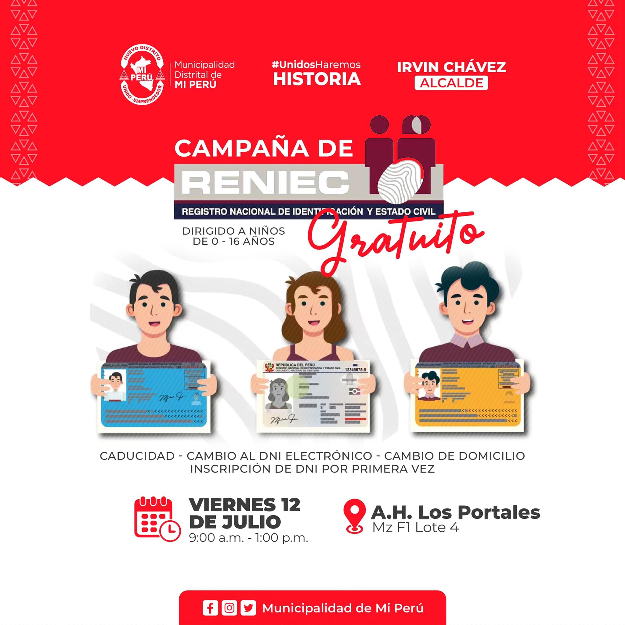 En la campaña del distrito de Mi Perú se podrá hacer el cambio al dni electrónico, cambio de domicilio, caducidad y más.