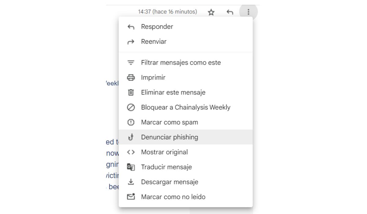 Gmail ofrece la opción de denunciar un correo electrónico como phishing. (Gmail)