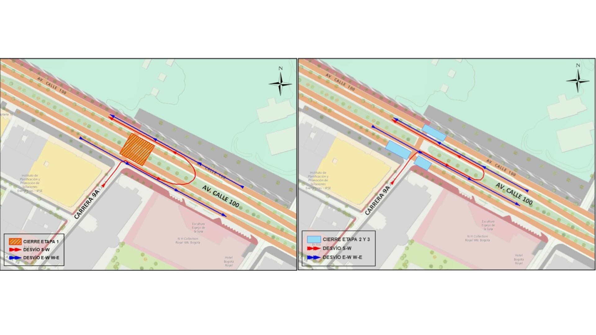 Cierres y desvíos en la intersección de la carrera 9 A con calle 100. (Crédito: Secretaría de Movilidad)