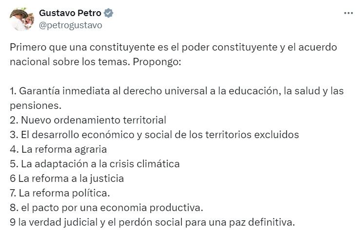 Entre los puntos que abordaría la constituyente, se destacan las reformas agraria, política y la justicia- crédito X @petrogustavo