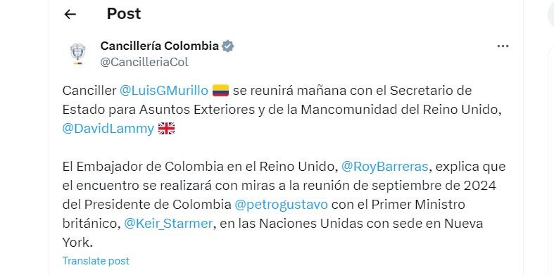 Cancillería de Colombia informa de reunión del Canciller con secretario de Estado para Asuntos Exteriores y de la Mancomunidad del Reino Unido, David Lammy - crédito @CancilleriaCol