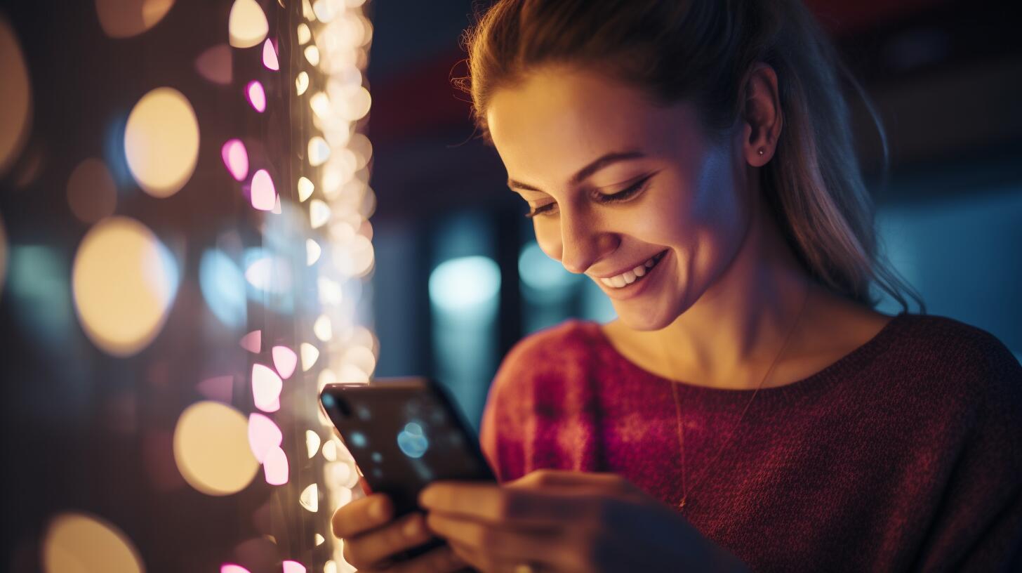 Imagen de una mujer feliz mirando su celular con expresión enamorada. Representa la conexión digital y las emociones en las relaciones modernas. (Imagen ilustrativa Infobae)