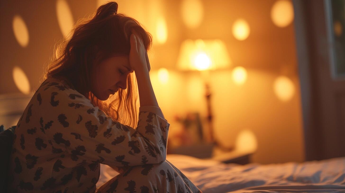 Mujer sentada en su cama, angustiada tras despertar de una pesadilla. La escena transmite la dificultad de enfrentar problemas de sueño como el insomnio, y cómo estos afectan la salud mental y el bienestar. La imagen destaca la importancia de un descanso adecuado y la gestión de trastornos del sueño. (Imagen ilustrativa Infobae)