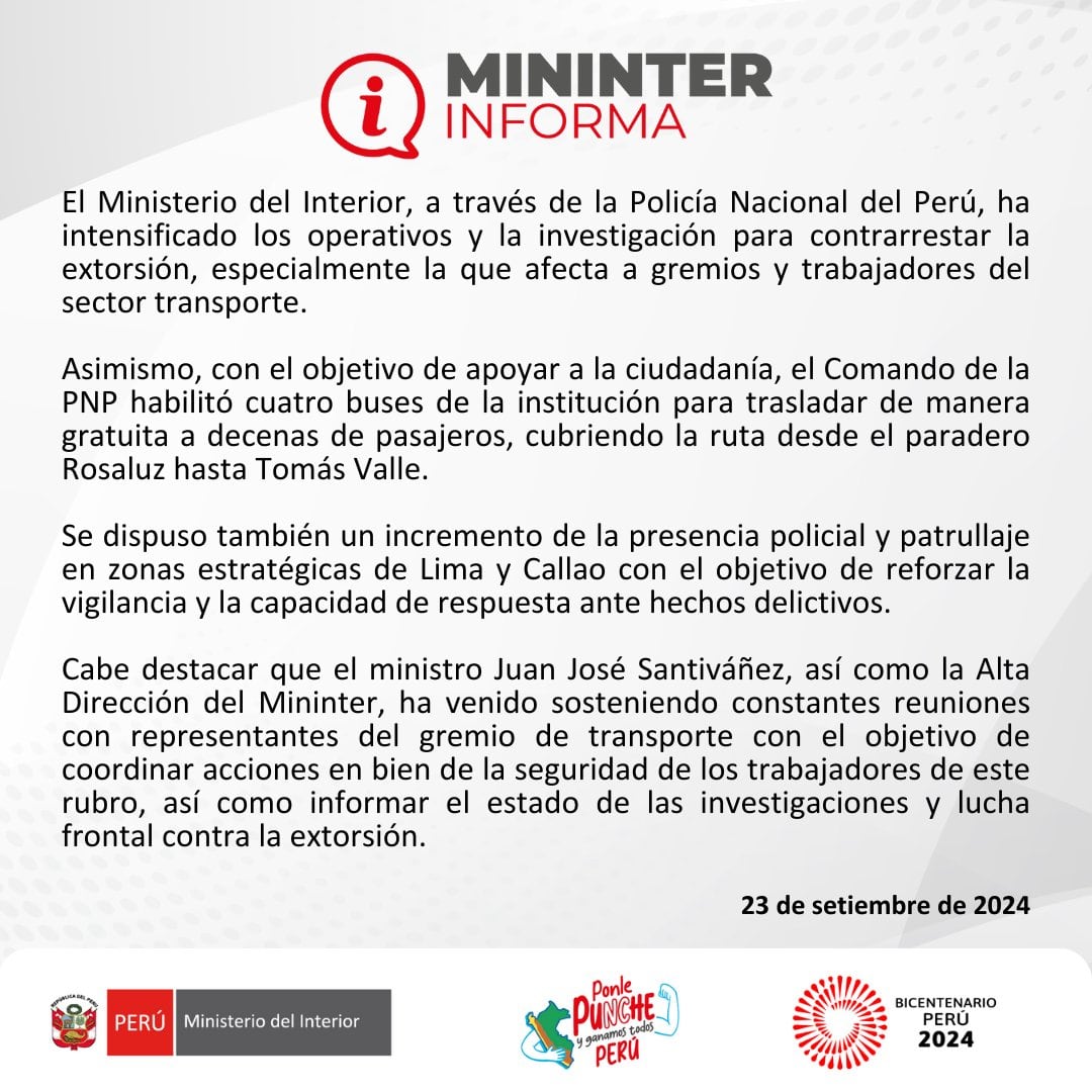 Comunicado del Mininter sobre el paro de transportistas de este lunes 23 de septiembre en Lima Norte