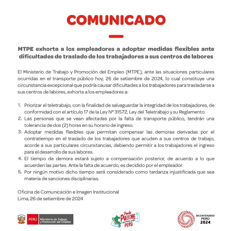 Paro de transportistas: MTPE brinda flexibilidad horaria para trabajadores y exhorta a priorizar el teletrabajo