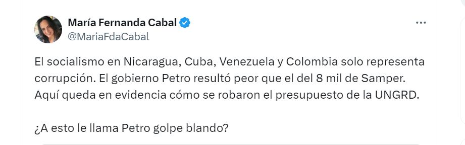 María Fernanda Cabal sobre declaraciones de Olmedo López sobre ELN - crédito @MariaFdaCabal/X