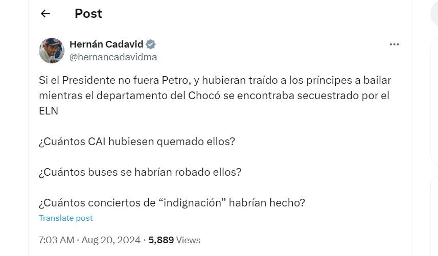 Hernán Cadavid cuestionó la visita de los duques de Sussex a Colombia - crédito @hernancadavidma