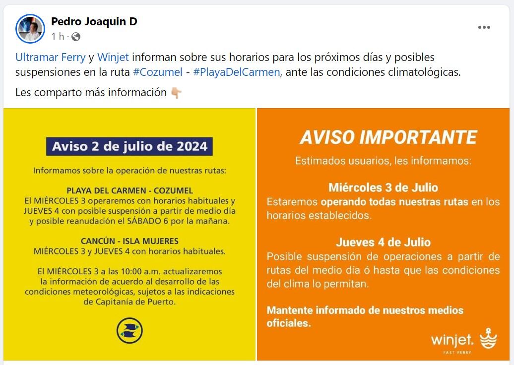 Empresas Ultramar Ferry y Winjet cancelan cruceros ante la llegada del huracán Beryl a Quintana Roo.