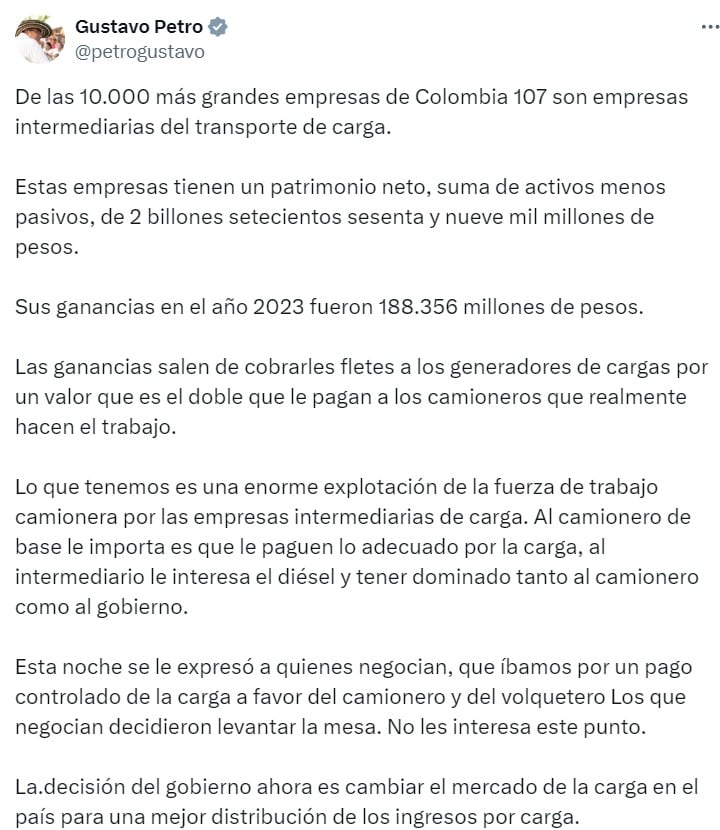 De esta forma, el Presidente Gustavo Petro se refirió a las propuestas que desde el gobierno nacional se han presentado para lidiar con el paro Camionero - crédito captura de pantalla X