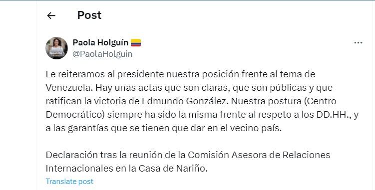 Paola Holguín  habla después de Comisión Asesora de Relaciones Internacionales - crédito @PaolaHolguin