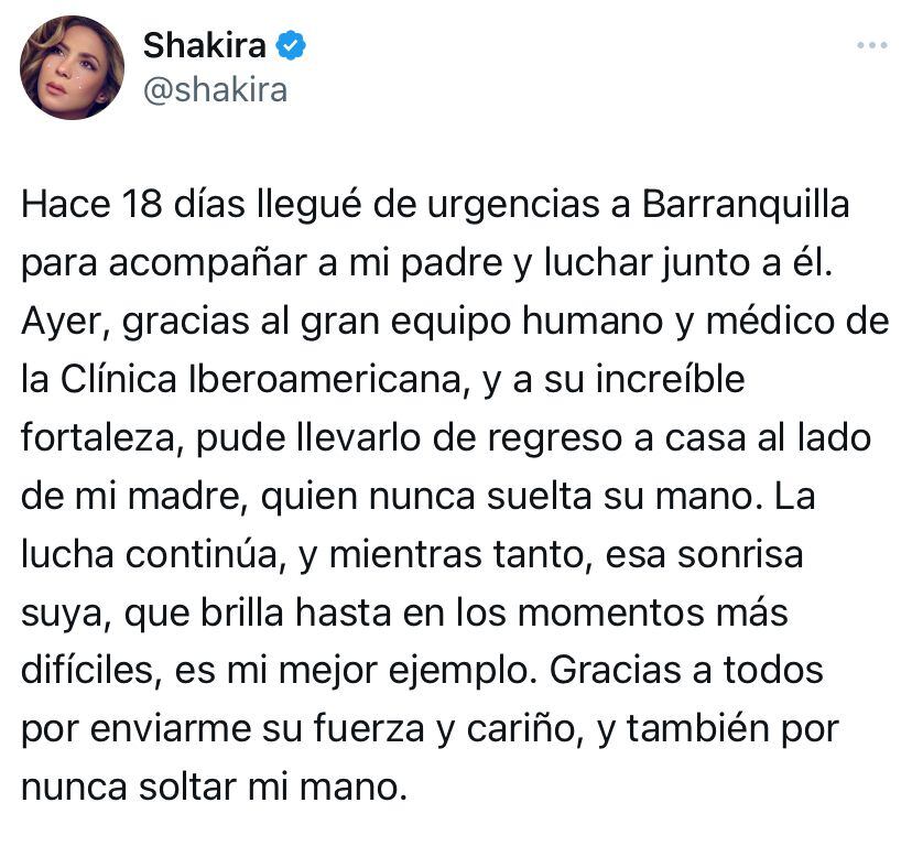 La cantante compartió por su cuenta de X el estado de salud de su padre